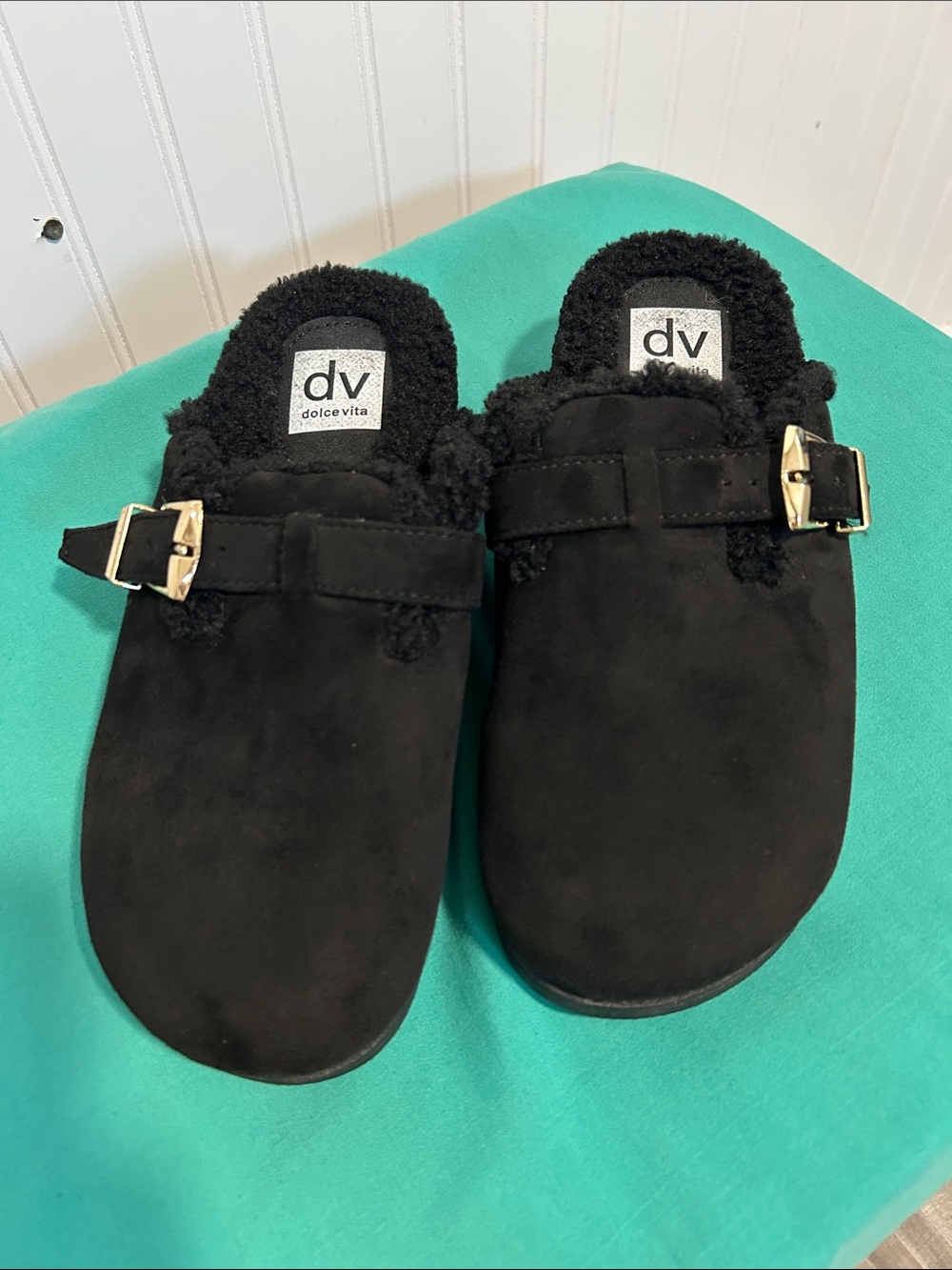 Dolce Vita Black Suede Shearling-Lined Buckle Mules/Clogs Sz: 7